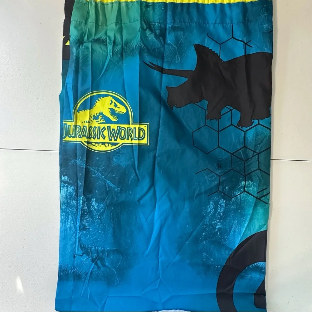Lot of 2 Jurassic World curtains w/ ties approx 64”x39.5”‎ blue yellow green
